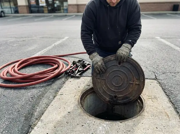 Technician lifting the lid off an in ground grease trap behind a restaurant, suction hose ready