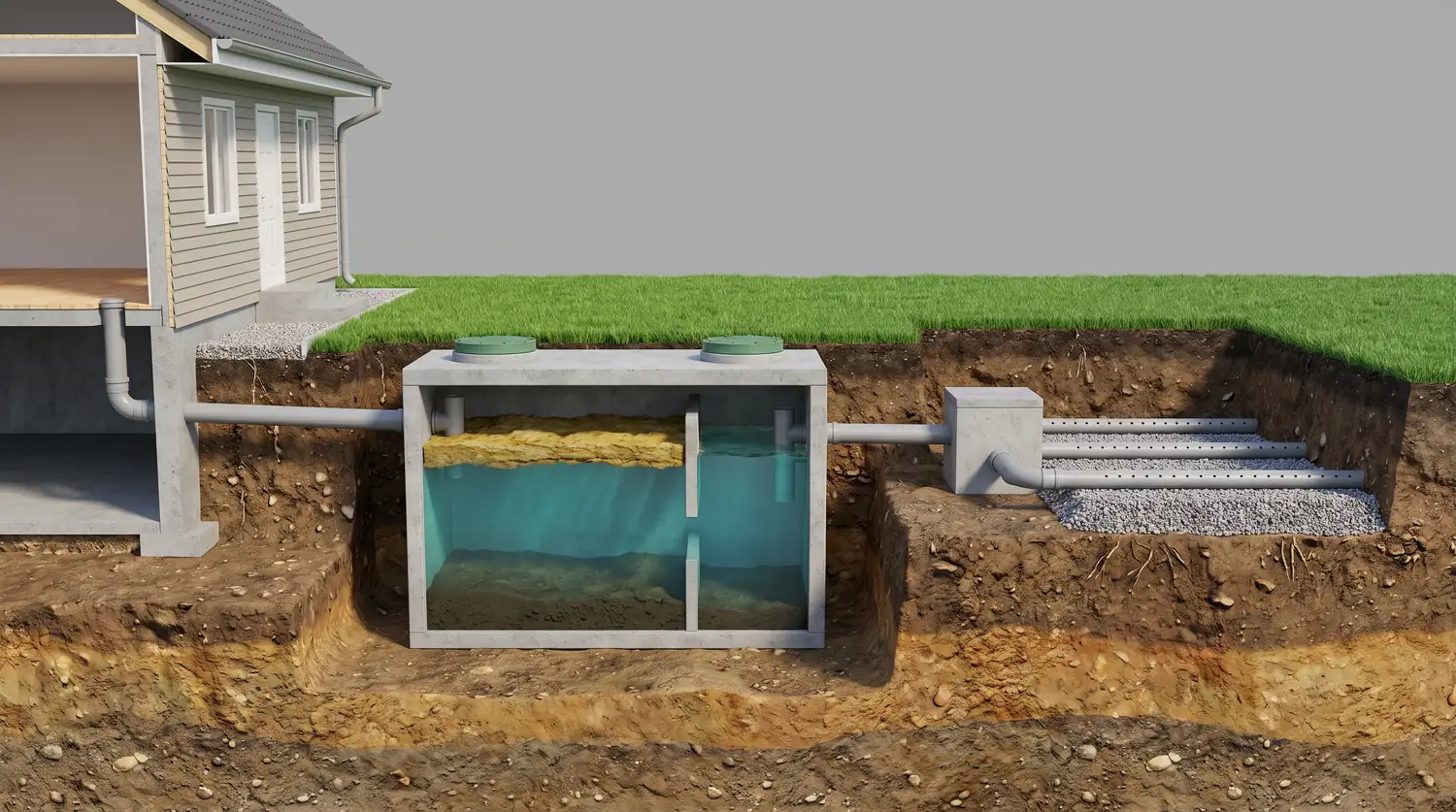 Cutaway diagram of a residential septic system showing the house, septic tank, distribution box and drain field